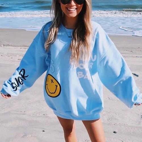 Women Loose Pullover Letter Smiley Face Printing Blue Long Sleeve T-shirt Harakuju Oversized Casual Summer Female Swearshirts