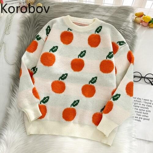 Korobov Japanese Style Knitted Jacquard Women Sweaters Korean O Neck Long Sleeve Winter Pullovers Vintage Sueter Mujer