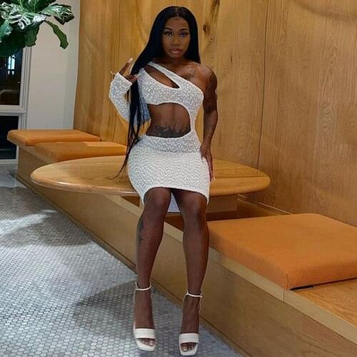 Women Mini Dress White Hollow Out Slant Shoulder One Sleeve Bodycon Robe 2021 Autumn Sexy Night Party Outfits Runway Dresses