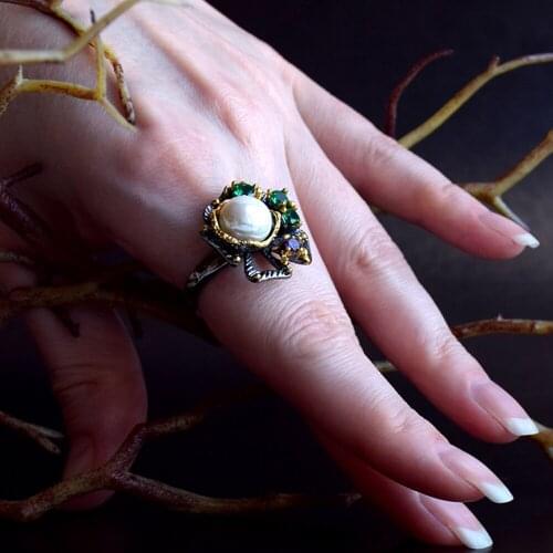 2021 Vintage Flower Rings Green Zirconia White Pearl Wholesale Jewellery Gift for Mom Women Accessories Ring Jewel Black