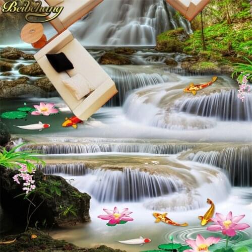 Beibehang Custom Lotus carp waterfall Flooring Mural Wallpaper Toilets Bathroom Bedroom 3D Floor Murals Waterproof wall paper