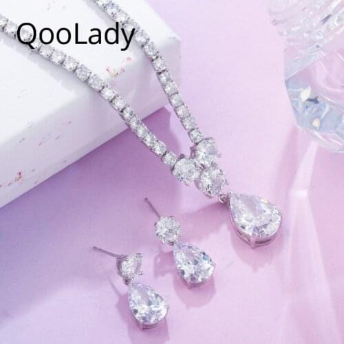 QooLady Top Quality CZ Cubic Zirconia Water Drop Pendant Choker Necklace and Earrings Prom Costume Jewelry Sets Accessories Z053