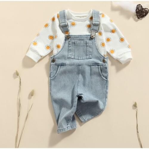Lioraitiin 0-4Years Toddler Baby Boy Girl 2Pcs Autumn Long Sleeves Suspender Jeans Sun Print Adjustable Length Pocket
