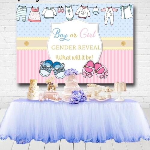 Gender Reveal Party Backdrop Baby Clothes Shoes Pink Blue Boy Or Girl Baby Shower Photography Backgrounds