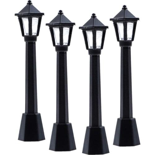 H051 4pcs Street Post Lights Model Railway Train Lamp Post Lights Miniature Village Pathway Lantern Post for DIY Dollhouse