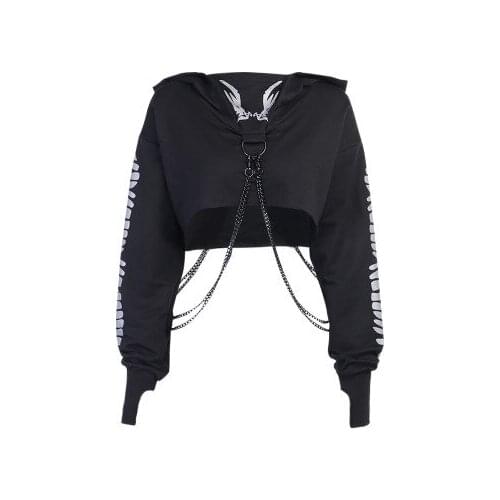 Autumn Harajuku Gothic Black Hoodies Women Streetwear Punk Metal Chain Pullover Hoodie Reflective Print Long Sleeve Top