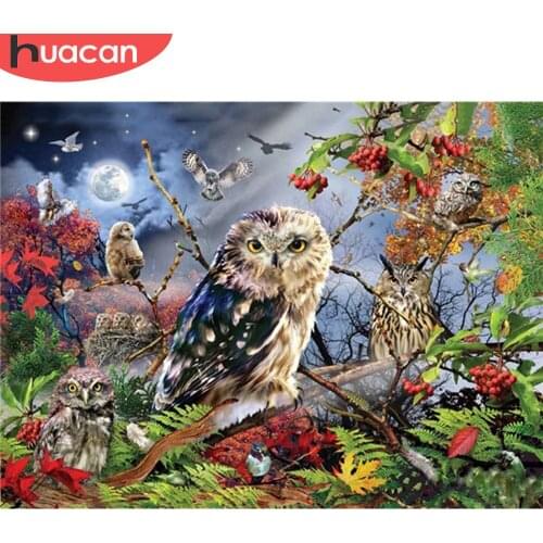 HUACAN Full Square/Round Diamond Painting 5d Owl Mosaic Forest DIY Diamond Embroidery Animal Needlework Wall Art
