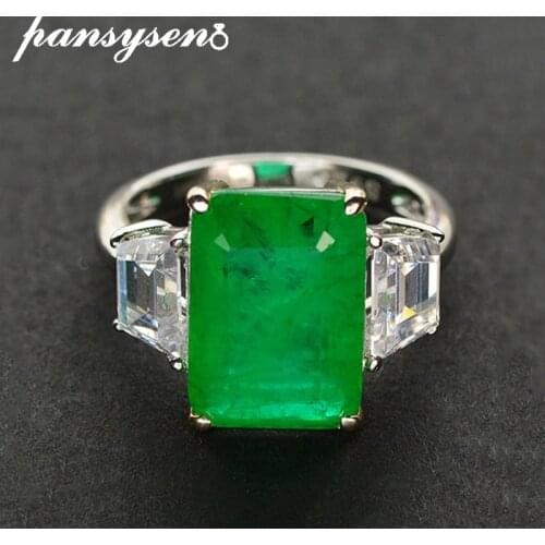 PANSYSEN Vintage 100% Solid 925 Sterling Silver 10x14MM Emerald Diamond Anniversary Party Rings for Women New Fine Jewelry Ring