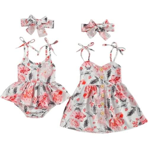 Summer 0-4Y Sister Matching Infant Girls Dress Flower Print Casual Loose Sling Bodysuit Dress+Elastic Headband 2pcs 2021