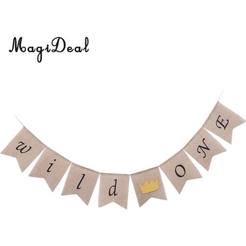 MagiDeal Vintage Burlap Wild One Banner with Crown 1st Birthday Baby Shower Party Garland Sign Cake Smash Wall Mantel Decor
