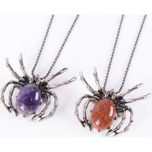 Natural Round Gem Stone Spider Necklace Pendants Opal Purple Tiger Eye Pink Quartz Lapis Lazuli Crystal Boho Jewelry D892-D899
