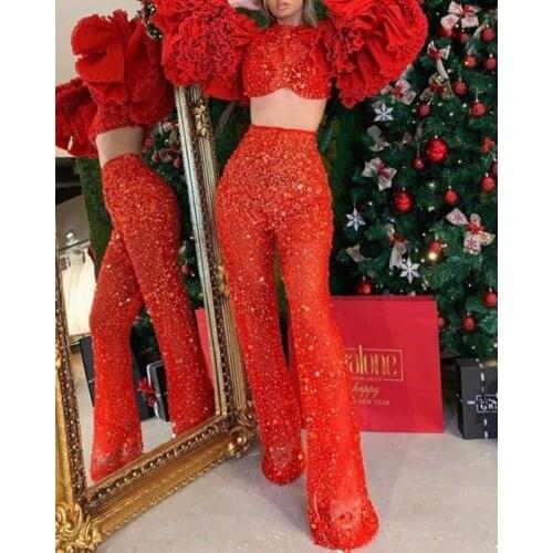 Fashionable Summer 2 Piece Women Sets Clothing Outfits Womens T-shirt Crop Top Stacked Pants Two Piece Set