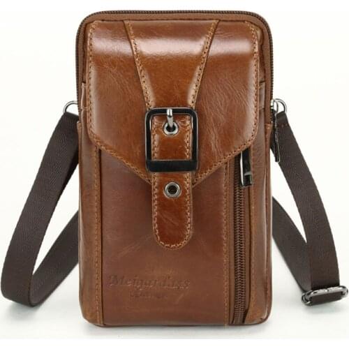Men Leather First Layer Cowhide Messenger Shoulder Bag Phone Cigarette Purse Hook Belt Waist Fanny Bag