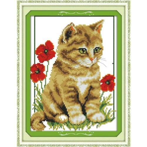 Cat and poppy Cross Stitch Kits Embroidery Needlework Kit Printed Canvas DMC Counted printed Cross-stitch set DIY Home Decor