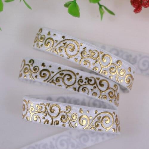 New design!! 5/8" gold foil swirl printed fold over elastic 029 white foe elastic 100yards/lot wholesale
