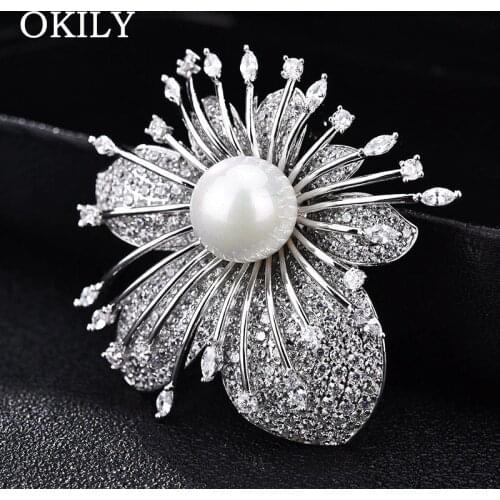 OKILY AAA Zirconia Flower Pin and Brooches Silver-color Simulated Pearl Decoration Brooch for Women Wedding Jewelry Accessories