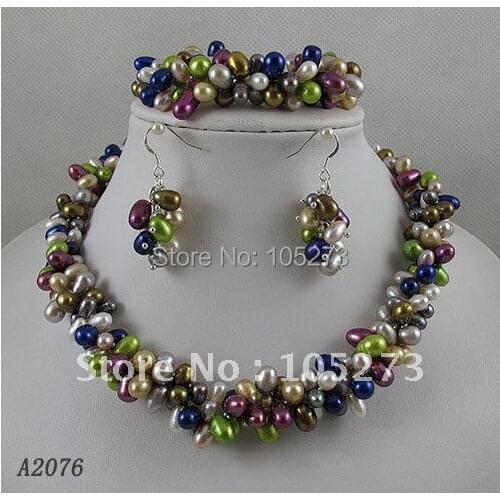 Wholesale Elegant jewelry set Multicolor fresh water pearl necklace bracelet earring magnet clasp free shipping A2076
