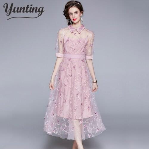 High Quality Mesh Embroidery Women Korean Short Sleeve A-Line Summer Fashion Elegant Party Dress