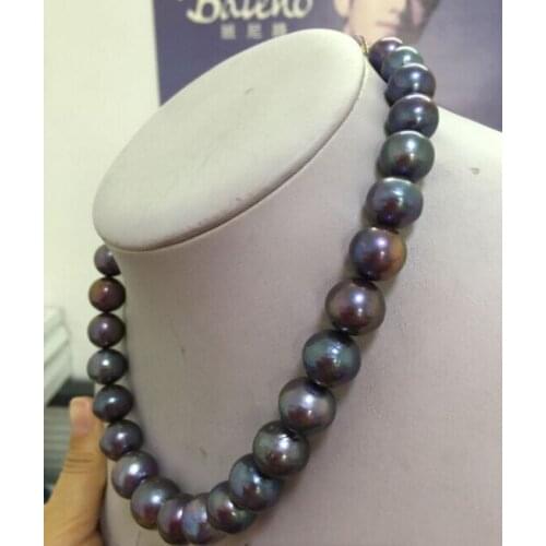 Stunning 12-14mm round freshwater huge black red green pearl necklace 18"925silver