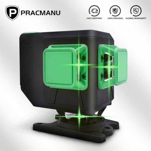 Pracmanu Multifunction 3D 12 Lines Cross Line Laser Level Green Beam Line With Remote Control & Li-ion battery For Tiles Floor