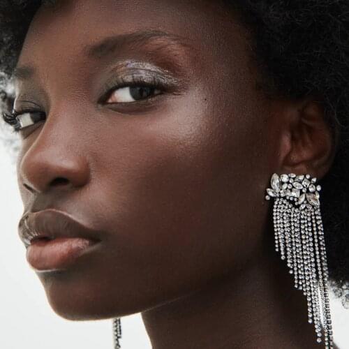 Vedawas 2021 Luxury Shiny Long Fringed Tassel Earrings for Women Boho Crystal Leaf Flower Drop Earrings Jewelry Gifts Wholesale