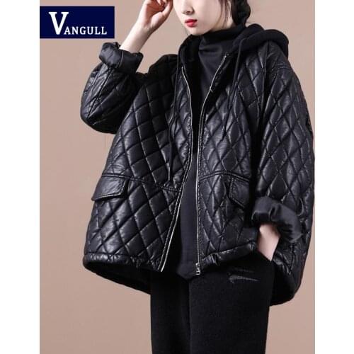 Vangull Patchwork Hooded Winter Women Leather Jacket Long Sleeve Loose Female Coat Solid Plaid Warm Outwear Ladies Zipper Coat