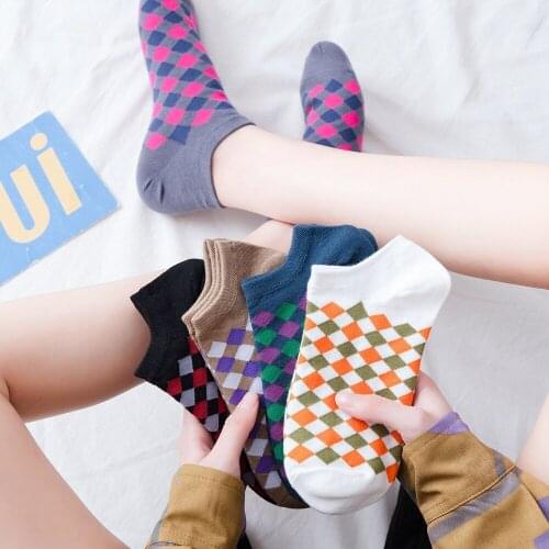 Spring And Summer Womens Boat Socks Shallow Mouth Socks Diamond-Shaped Ladies Cotton Socks Plaid Korean Womens Socks Japanese
