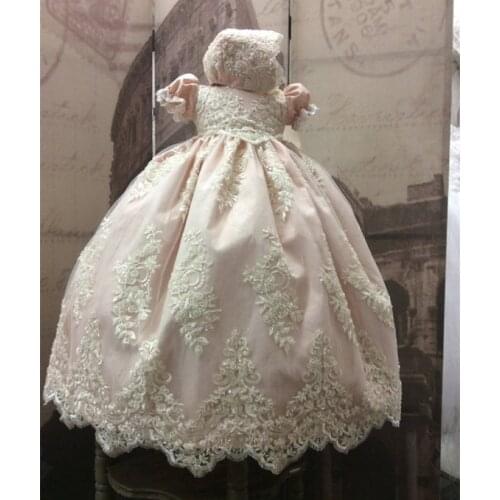 Vintage Lace Baby Girls Christening Gown Beaded Lace Baby Girls Toddler Clothes Christening Dress Long Baptism Gown With Bonnet