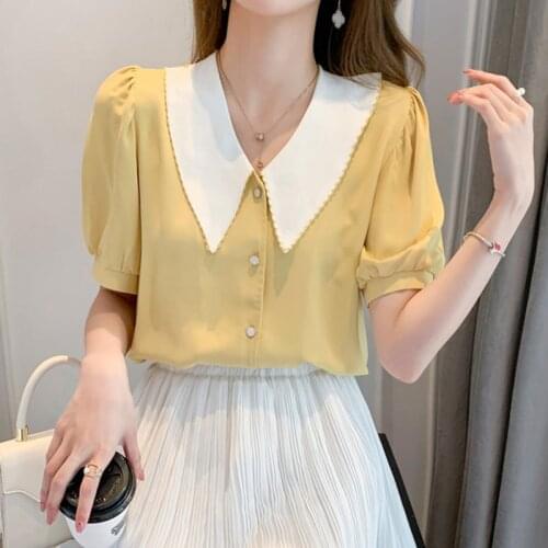 LJSXLS New Peter Pan Collar Chiffon Womens Blouse Korean Fashion Puff Sleeve Clothes Solid Sweet Short Sleeve Top Female Summer