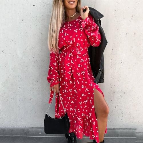 Womens Spring And Autumn Dresses Fashion O Neck Printing Loose Tie Mid-waist Split Fork Ruffle Woman Long Sleeved Dresses 2021