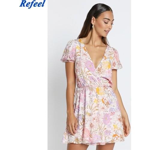 Summer Women Floral Print Chiffon Wrap Mini Dress Female Puff Sleeve Cross V Neck A Line Holiday Casual Dresses Short Vestido