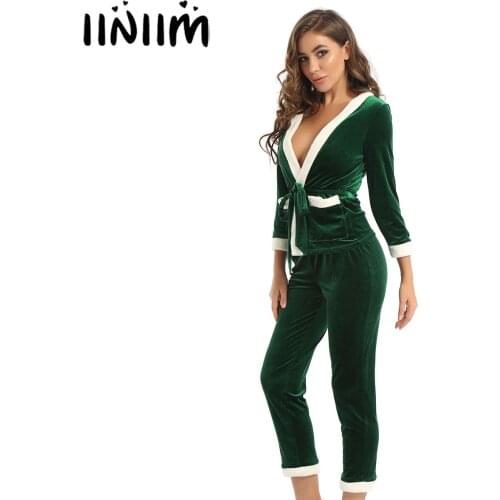 Winter Ladies Warm Flannel Sleepwear Pocket Pajamas Suit Long Sleeve Cardigan Tops Pants Nightwear for Christmas Cosplay Party
