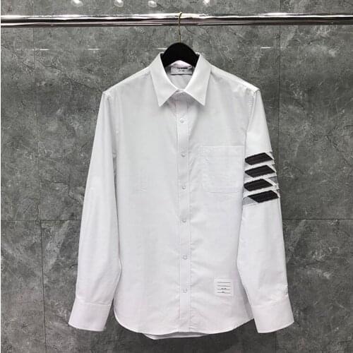 2021 Fashion TB THOM Brand Shirts Men Slim White Striped Long Sleeve Casual Shirt Turn Down Collar Oxford Solid Mens Clothing