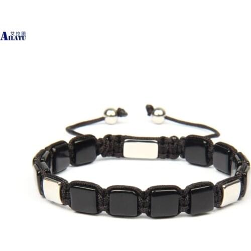 8x8mm Natural Black Onyx Stone Square Flatbead Beads Stainless Steel Braiding Bracelet Logo Name Print for Lover and Friend