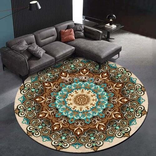 European Ethnic Style Blue Brown Camel Color Mandala Flower Round Carpet Living Room Bedroom Non-slip Mat Customization