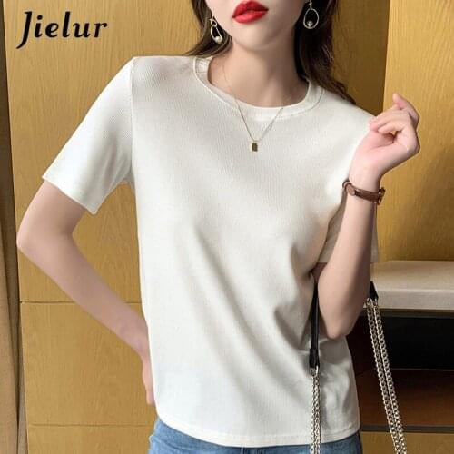 Jielur Spring New Knit O-Neck Short T Shirt For Women Skinny Straight Black White Grey Female Tee Casual Tops Women 2021 S-XL