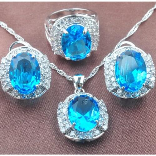 Vintage Sky Blue Cubic Zirconia Silver Plated Jewelry Sets Wedding Jewelry For Women Costume Earrings Pendant Ring TZ0239