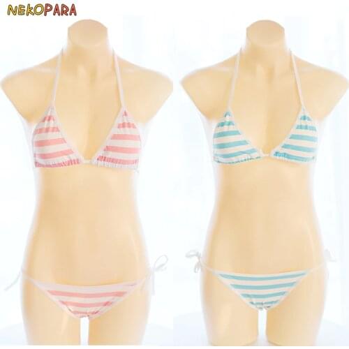 Blue Pink & White Stripe Sexy Cute Womens Lingerie 2PCS Set Bra & Panties Set Bikini Lolita Underwear Cosplay