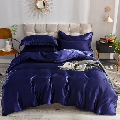 Navy Blue Satin Ice Silk Bedding Set Luxury Duvet Cover Bed Sheet Pillowcase Twin Full Queen King Bedclothes Solid Color Bed Set