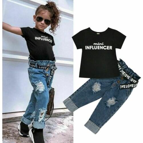 1-6Y Toddler Baby Girl Summer Clothes Kids black Letter Tops T-Shirt Denim Pants Jeans with belt 3 pcs Outfits 2020 New