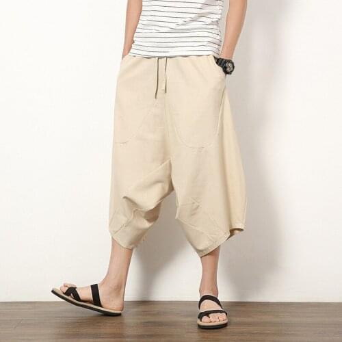 Mens cotton hemp Harun pants linen pants low-end wide-legged pendant pants tide mens seven-point pants