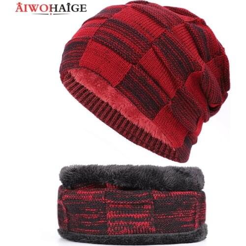 2019 new Fashion Plaid Mens Plus Velvet Knit Beanies Hat Scarf Man Woman Winter Thicken Soft Cap Scarves Sets Slouchy Male Bone
