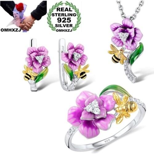 OMHXZJ Wholesale JE42 Fashion Woman Party Birthday Wedding Gift Flower 925 Sterling Silver Necklace+Earrings+Ring Jewelry Set