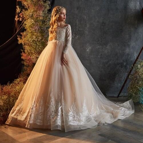 Champagne Flower Girl Dresses for Wedding Long Sleeve Little Girls Pageant Gowns Birthday Party Prom Kids Christmas Dress