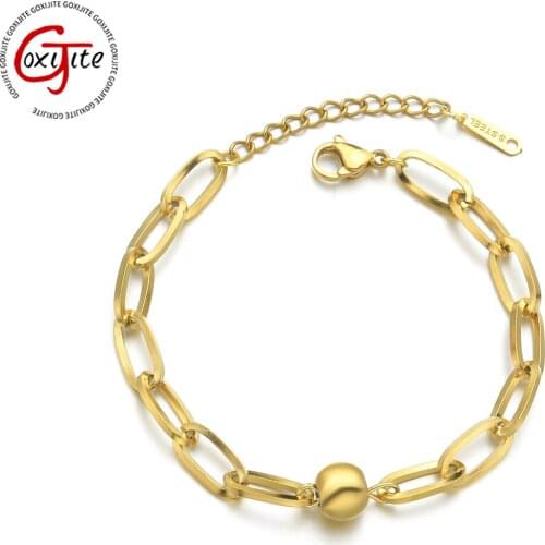 Goxijite Stainless Steel Simple Bracelet For Woman Gold Thick Link Chain Circle Ball Adjustable Bracelet Fashion Accessaries