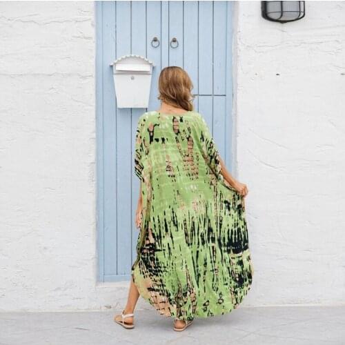 Q1QA Women Multicolor Tie-Dye Striped Beach Robe Dress Plus Size V-Neck Split Bikini Swimsuit Cover Up Oversized Loose Maxi Long