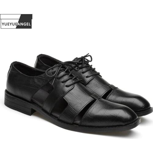 Business Men Office Work Cowhide Leather Hollow Out Sandals Lace Up Closed Toe Vintage Shoes Plus Size 47 Summer Casual Sandals