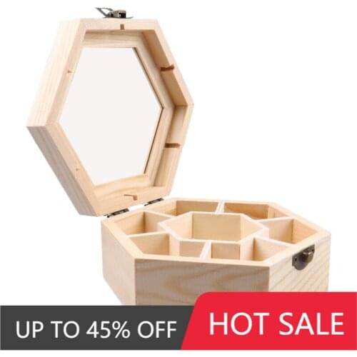 2021 New Handmade Material Wooden Jewelry Storage Box with Glass Lid and Lock Hexagon Shaped Multi-compartment Storage Box