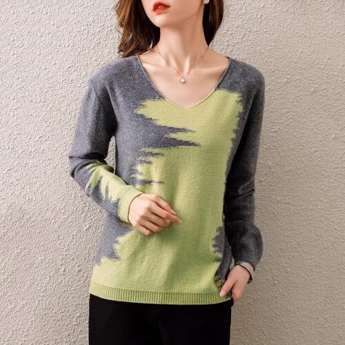 SZDYQH Womens V-neck 100% Pure Wool Jumper Loose Fashion Soft Cashmere Sweater Outside Shirt High-end Slim Pullover Sweater
