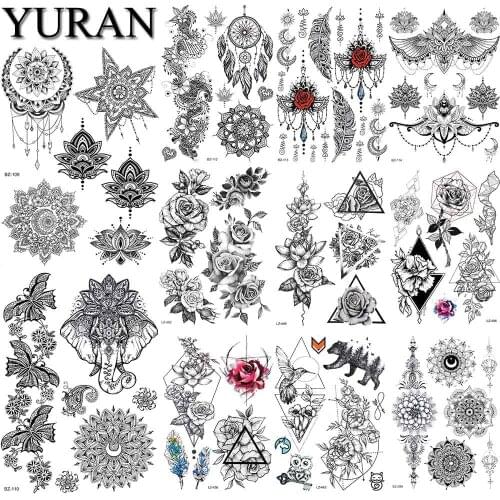 Women Arm Wrist Mandala Flower Henna Fake Tattoos Stickers Black India Dream Catcher Tattoo Temporary Girls Rose Waterproof Tato